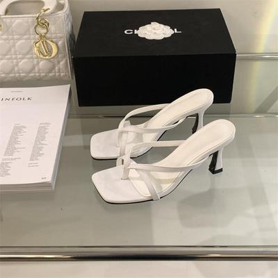 2025 Summer New French Toe Sandals Thin Heel Slippers Women Wear Cool Slippers Square Head High Heel Flip-flops