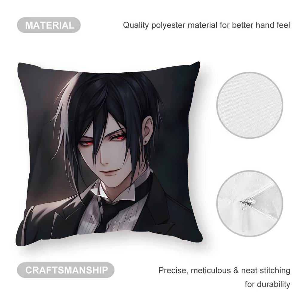 Manga B-Black B-Butler Pillow Case  Anti-dustmite Pillowcase Invisible Zipper Silky Short Plush Sofa Cushion Cover