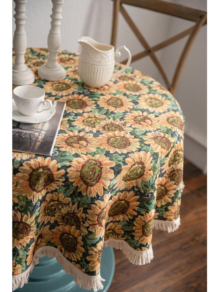 Amerikanische Tischdecke Jacquard Sonnenblume Tischdecke Runde Tischdecke Geeignet für Feiertagsküchen, Wohnzimmer, Familientreffen