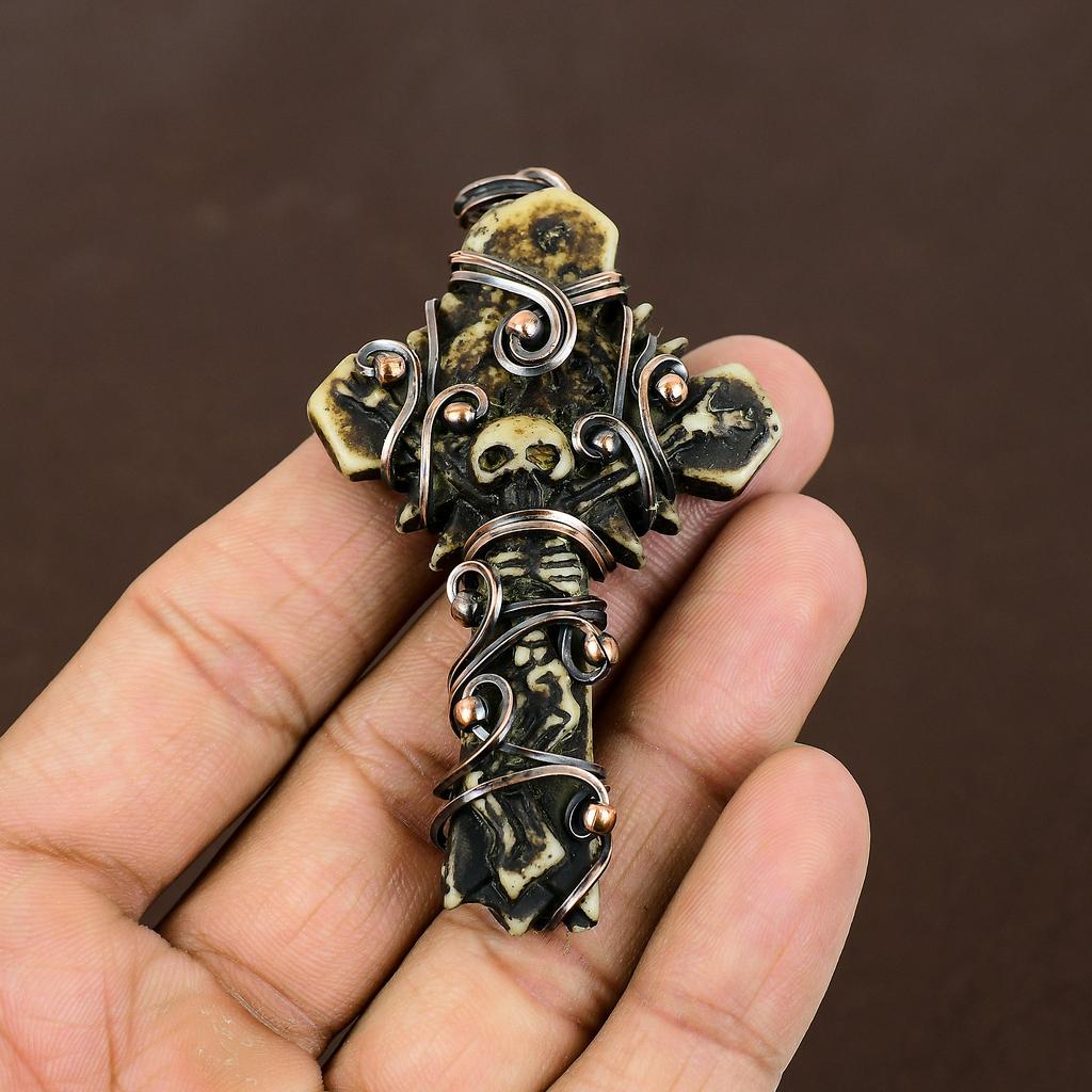 Natural Tribal Bone Cross Gemstone Handmade Copper Wire Wrap Pendant 3.15" n9M31