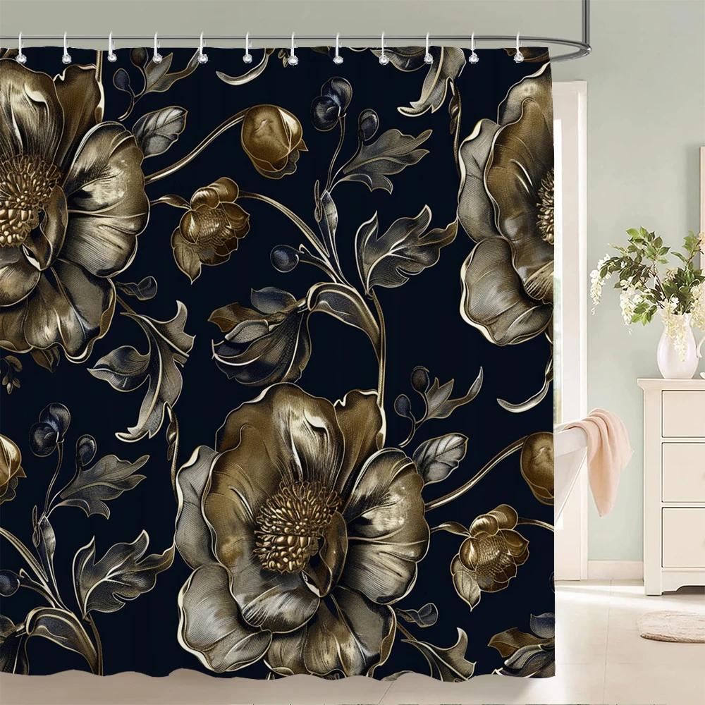 Home shower curtains for bathroom waterproof fabric Black and gold Flower bathroom Curtains with hooks decorative curtain
