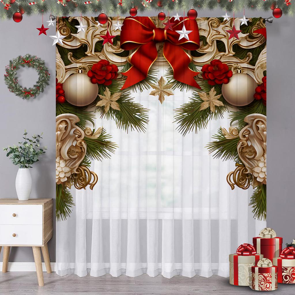 Single Panel Christmas Themed Curtain Made Polyester Fiber Ball Pine Branch Decoration Design Easy Hang Rod Perfect Living Room Bedroom Office