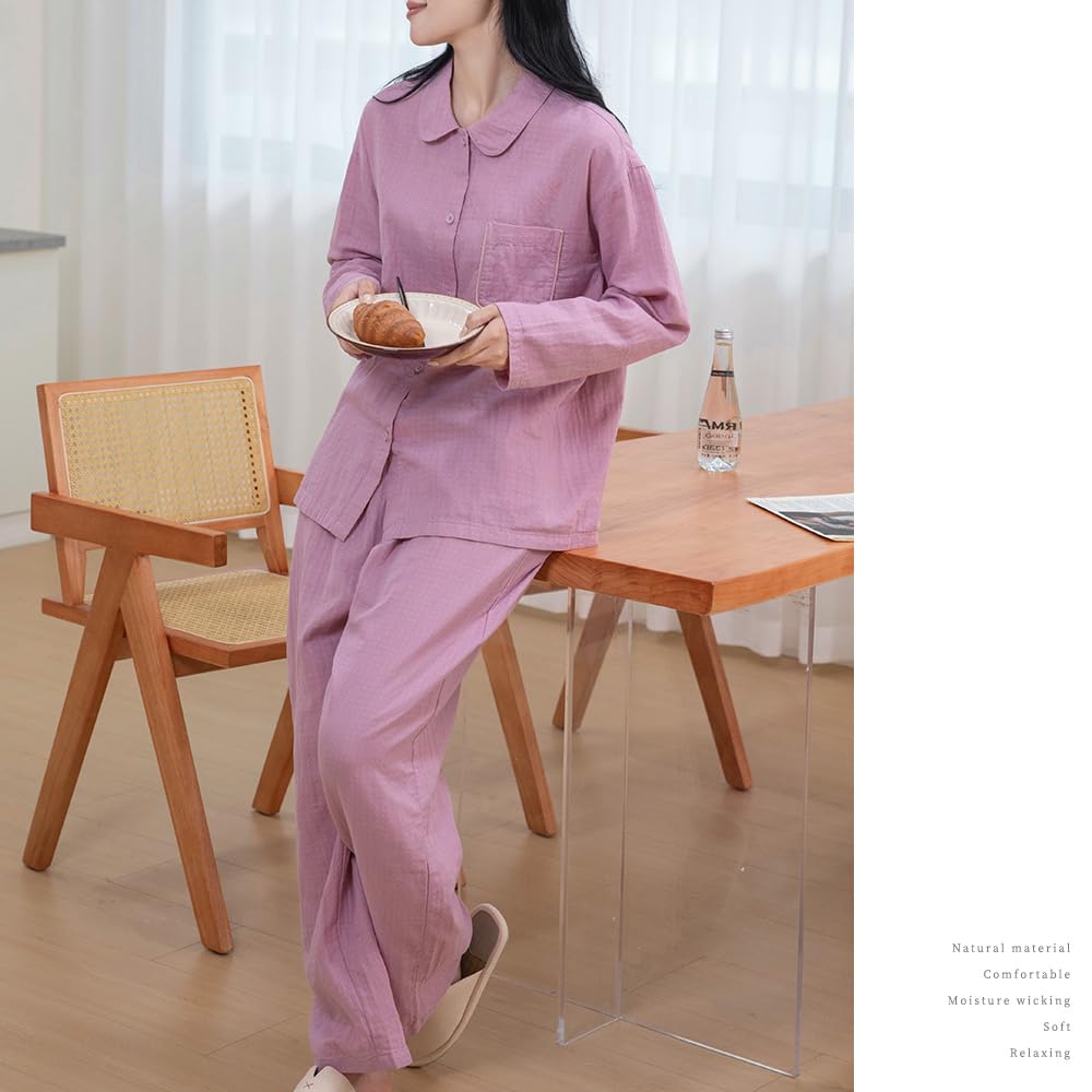 Yes Family Cotton Gauze Long Open Double Loungewear Size Pink Women's 100% Pajamas, Sleeves, Front, Gauze, Set, Autumn, L,