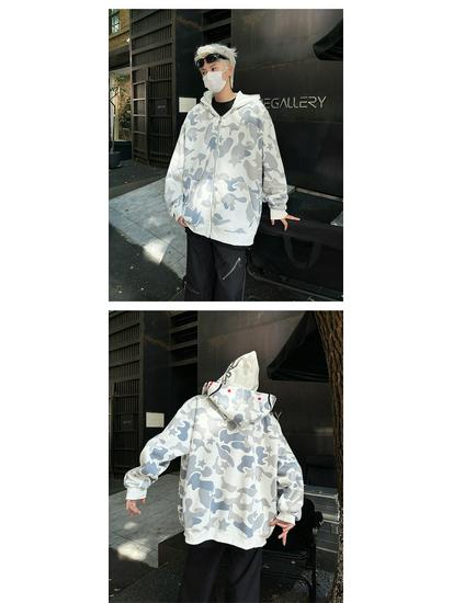Men's Retro Camouflage Double Hood Cardigan Hoodie – Spring/Autumn Trendy Emotional Couple Sweatshirt