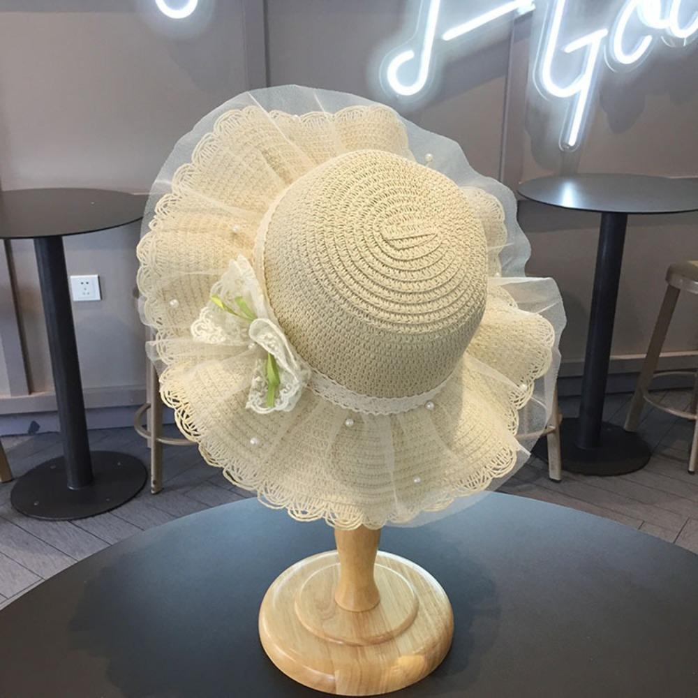 

Lace Children Straw Hat Wide Brim Beach Bucket Cap New Straw Shoulder Bag Beach Beige Hat