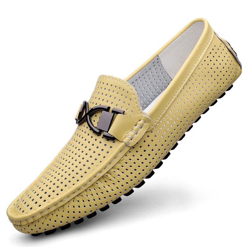 Summer Leather Shoes Men's Breathable Thin Soft-soled Soft Leather Men's Sandals Hollow Holes Lazy Casual Doudou Shoes 6633