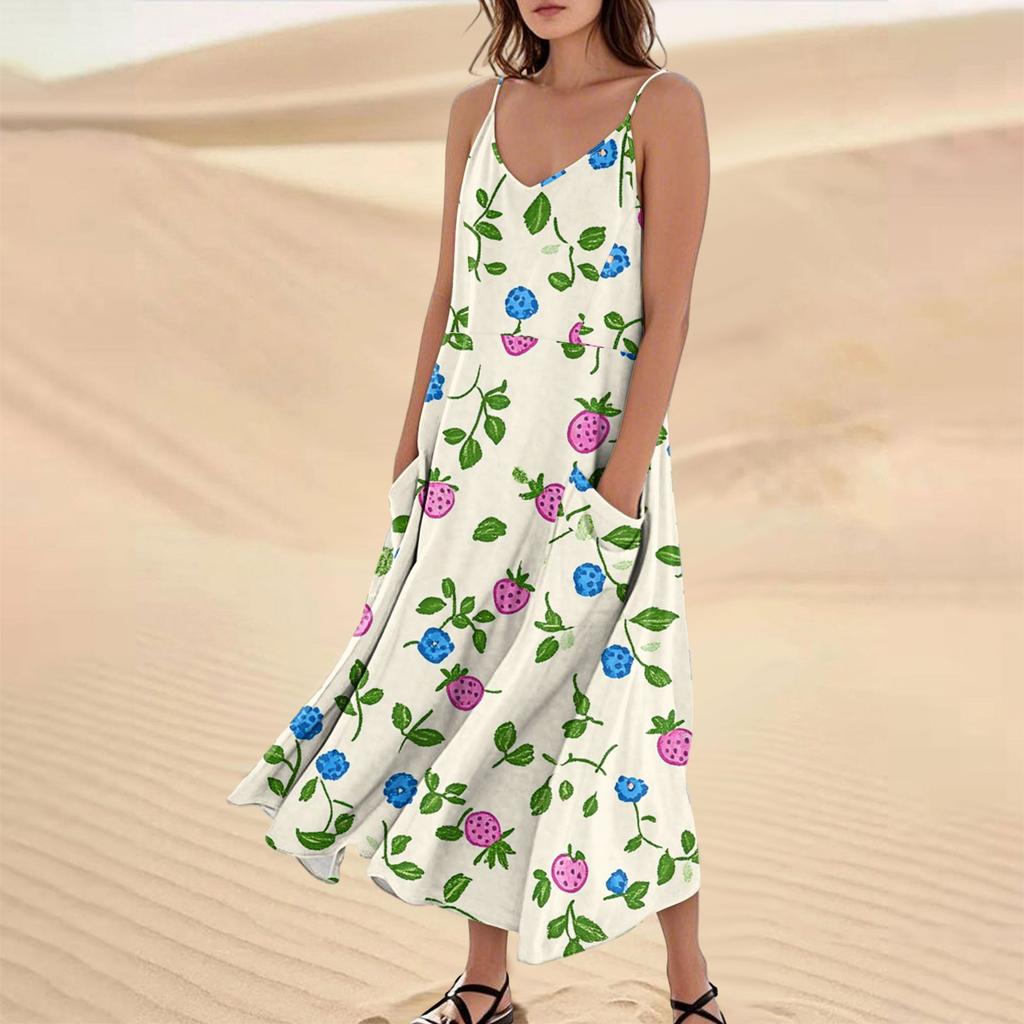 Women's Casual V Neck Floral Print Sleeveless Pocket Suspender Dress