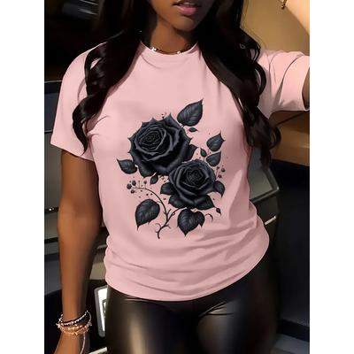 Women's Black Rose Floral Print Breathable Stretchy Round Casual Casual Attire & Sports Women's Harajuku Short Sleeve Casual