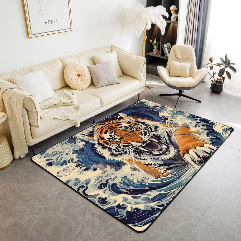 Japanese Ukiyo-e Tiger & Ocean Wave Print Area Rug, Bold Non-Slip Floor Mat for Living Room Bedroom Home Decor Carpet