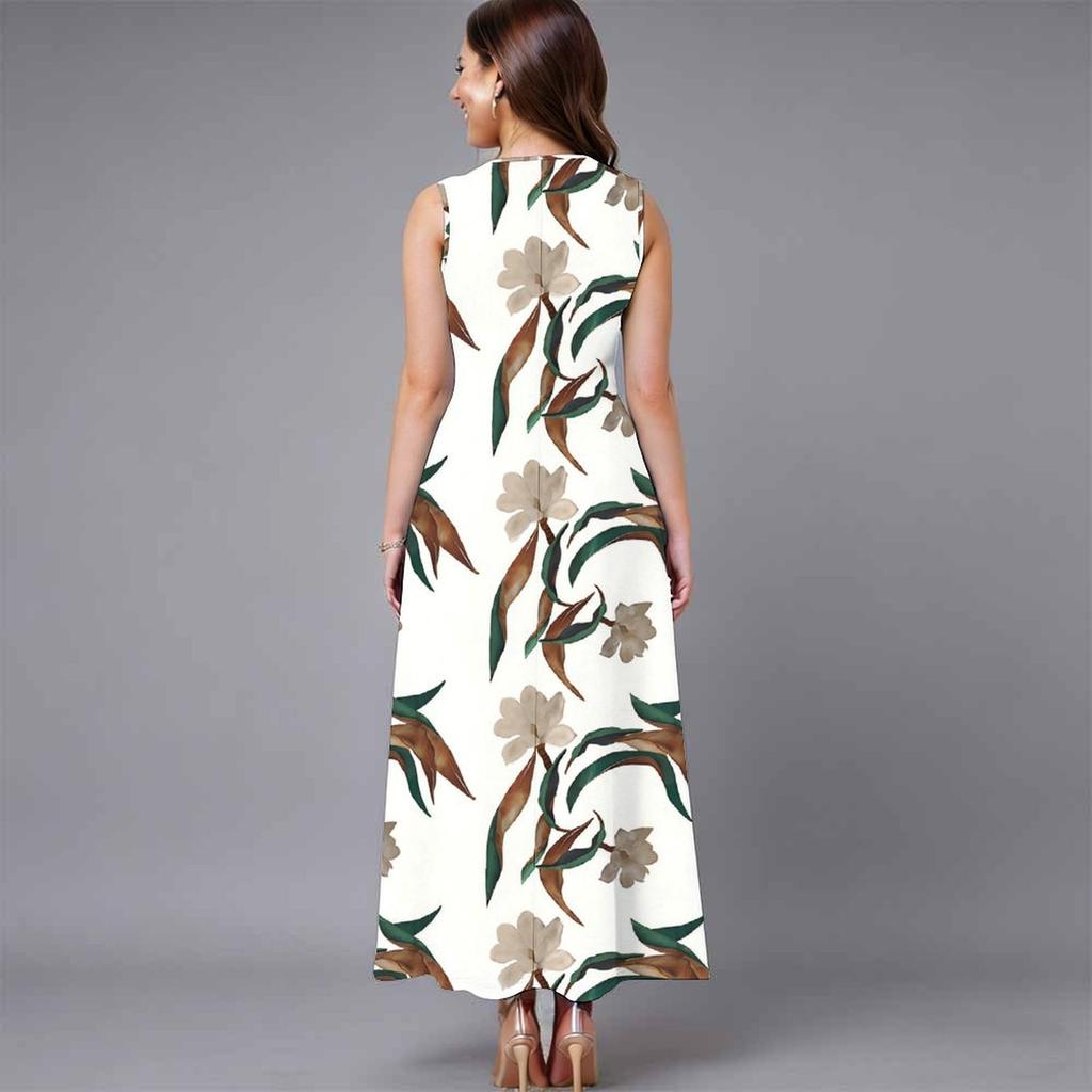 Plus Size Women Sleeveless Crew Neck Dress Beautiful Flower Printed Loose Long Dress For Summer Street Wear