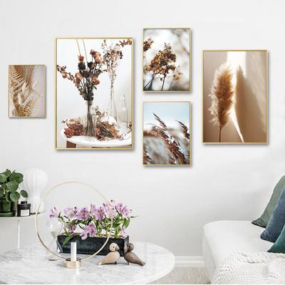 Beige Canna Dente di Leone Pittura Arte Murale Fiori Secchi Piante Erba Stampa su Tela Sabbia Mano Poster Immagini da Parete Nordiche Decorazione Casa