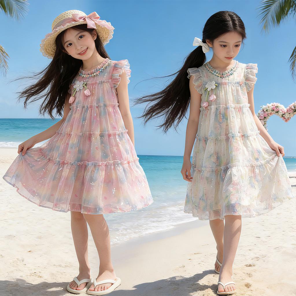 Girls' Summer Tank Top Skirt 2026 New Style Children's Sweet Little Girl Seaside Sprinkle Silver Flower Flying Sleeve Dress