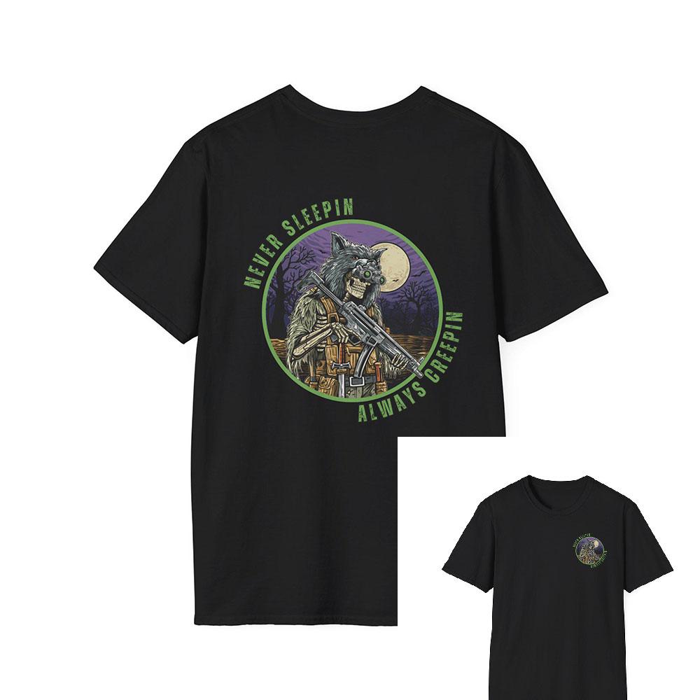 Tactical Operator T-Shirt Men Skull with Night Vision Goggles & Wolf Pelt  Short Sleeve Cotton Tops Summer Casual Men‘s T Shirt