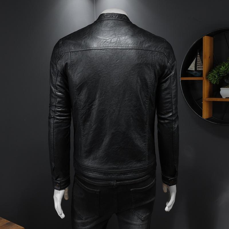Autumn and winter new slim-fit velvet men's fashion casual stand-up collar locomotive PU leather jacket