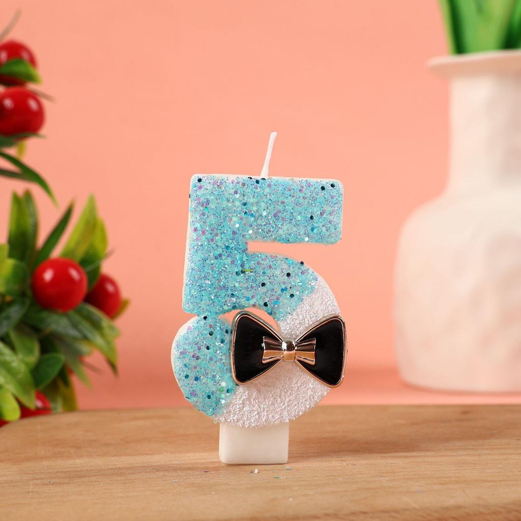 Number Shape Birthday Candle with Decorative Bow Tie Design for Cake Decoration Children Baking Party Supplies 0 To 9 Digit Candles