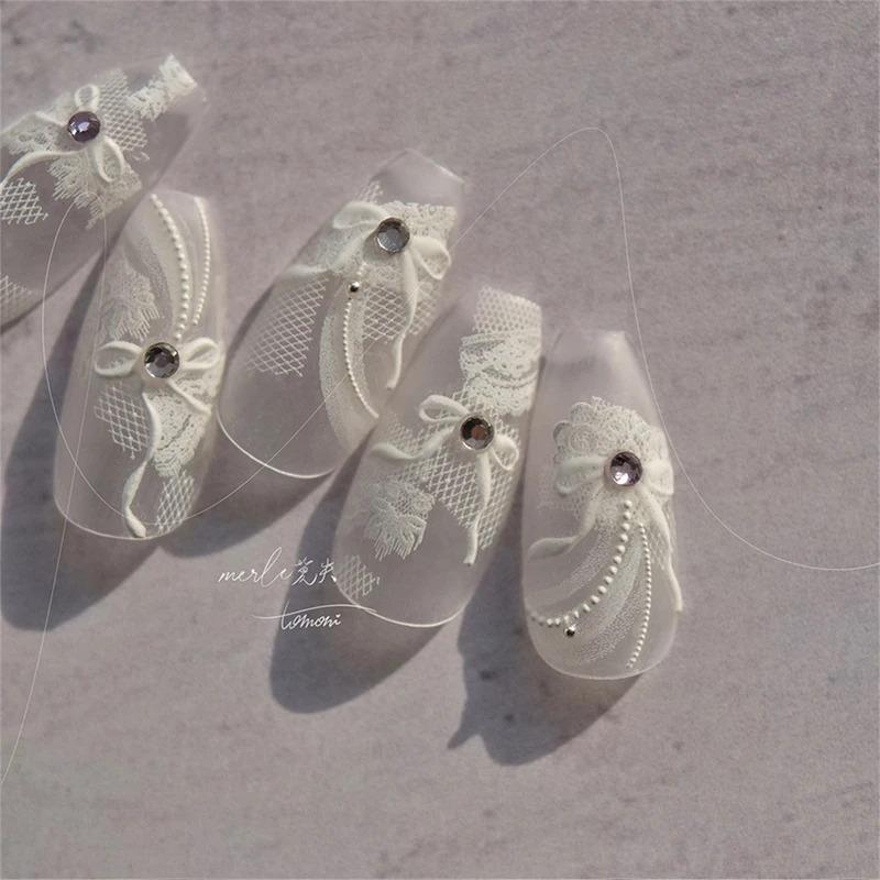 1pcs 5D Diamond Japanese White Lace Bow Nail Art Stickers Pearl Rhinestones Nail Decoration Adhesive Decals Slider DIY Accessory