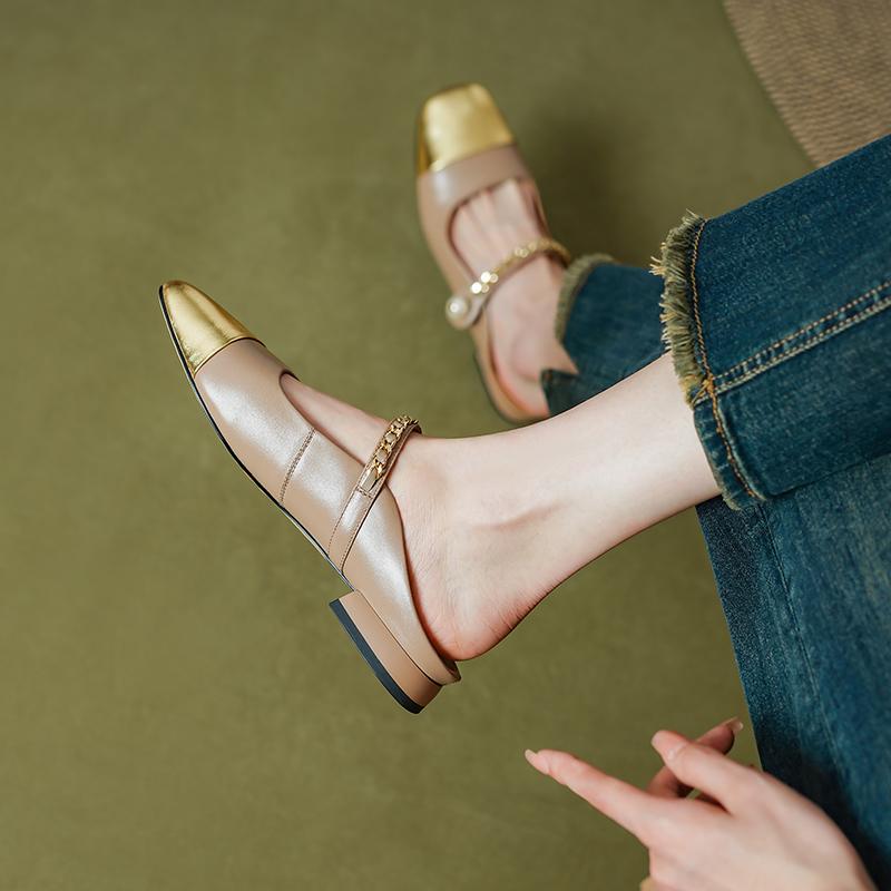 Fashion 2024 Summer Women Mules Genuine Leather Shoes for Women Cover Toe Low Heel Slippers Square Toe Sandals Internal Elevation Shoes