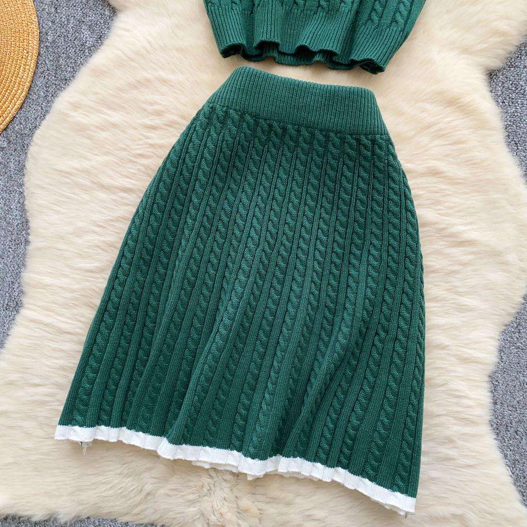 Fashion Knitted 2pc Two Pieces Suits Skinny Short Sleeves Polo Shirt+Short Skirt Drilled Women Simple Style Summer Sets