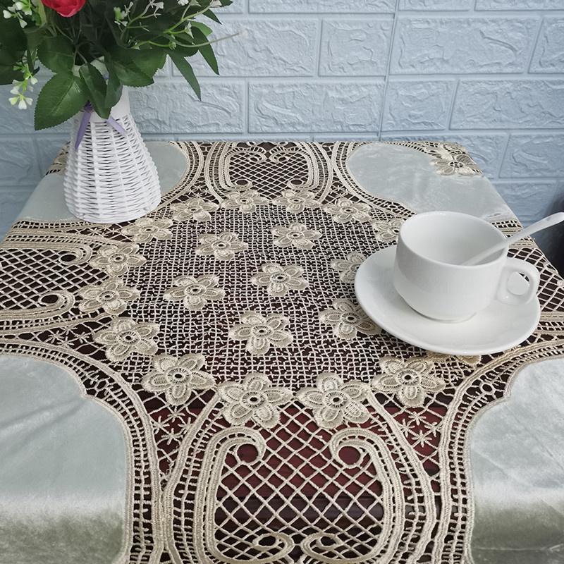 Luxury European Crochet Stitching Velvet Fabric Square Tablecloth Table Mat Set Tableware Oven Air Conditioner Dust Cover Cloth