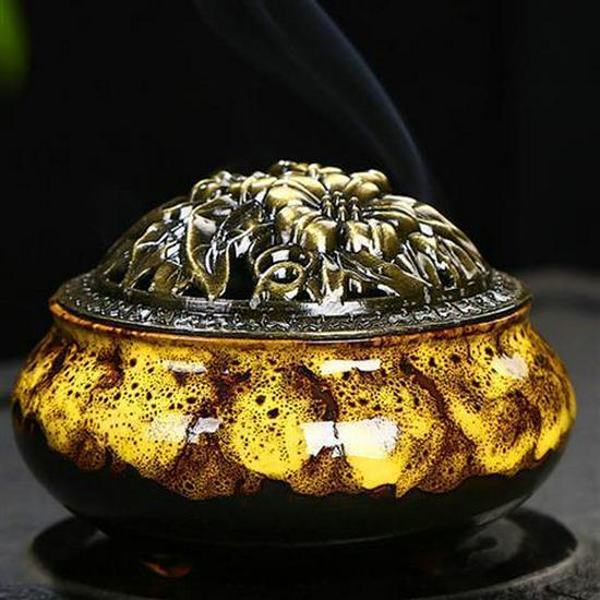 Colorful Crackle Glaze Ceramic Aromatherapy Burner with Bronze Cover for Household Incense and Mosquito Repellent