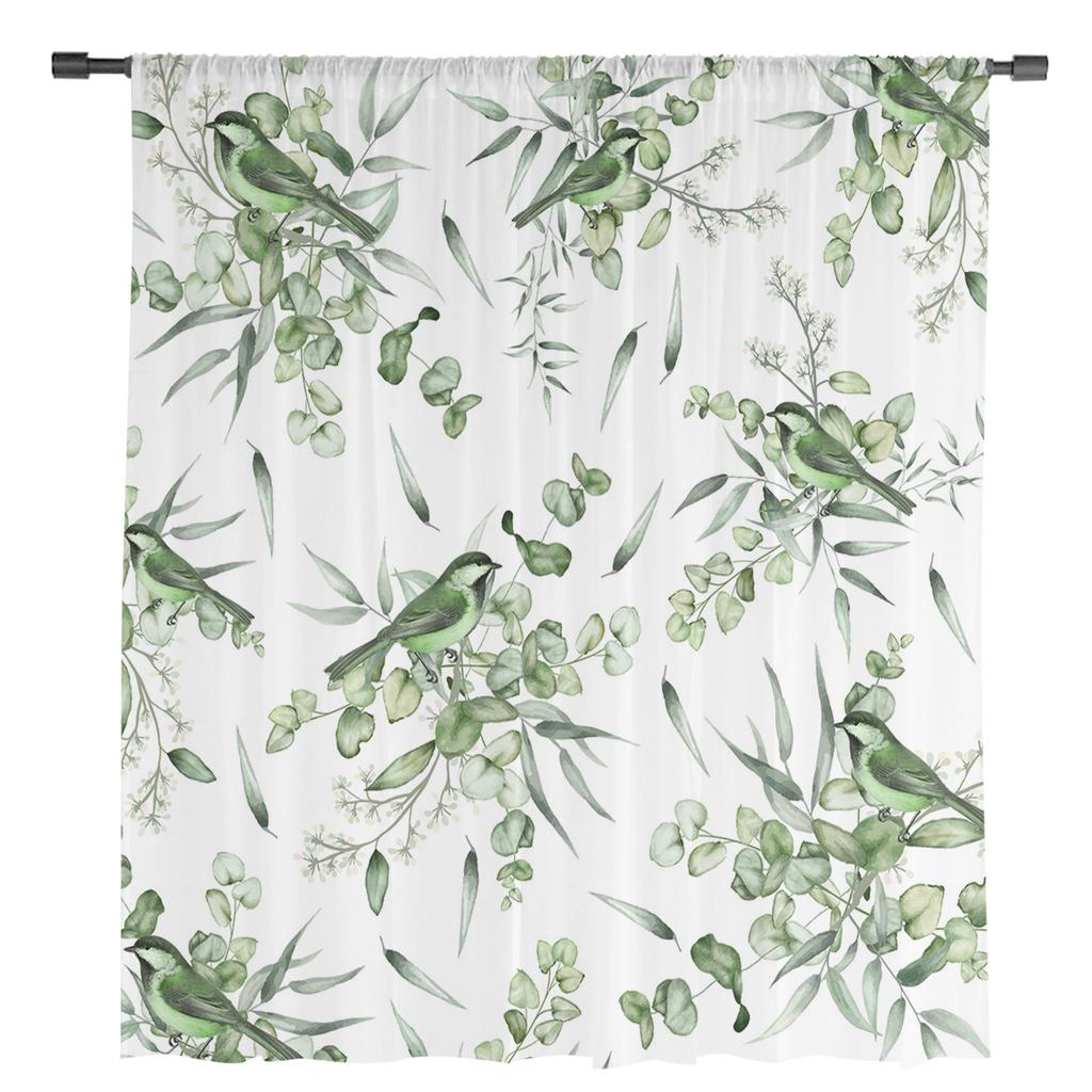 Summer Plants Four Leaf Grass Green Leaf Watercolor Sheer Window Curtain Tulle Curtains for Livingroom Home Decor Voile Drapes