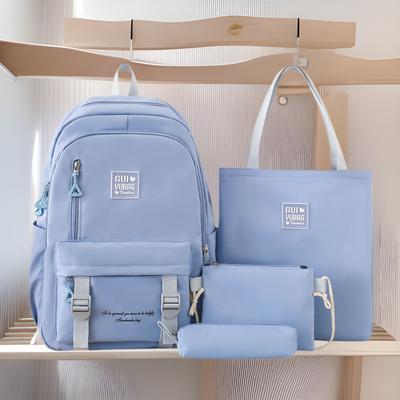 Neuer Schüler Schulranzen Einfarbig Einfacher Rucksack für Damen Große Kapazität Schüler Vierteiliges Set Multifunktionaler Schulranzen Handtasche