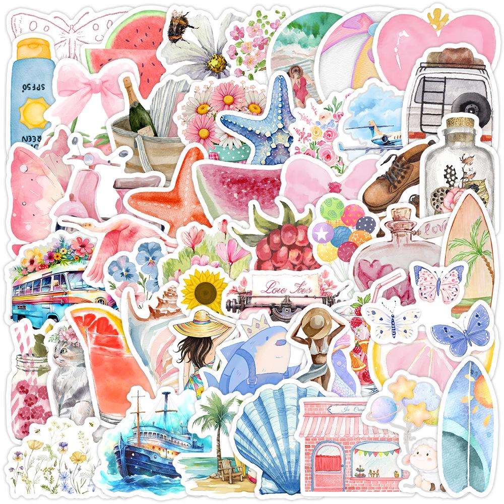 50 Watercolor Doodle Stickers: Waterproof Decorative Stickers for Water Bottles, Phones, & Computers. Perfect for Creative Stationery.