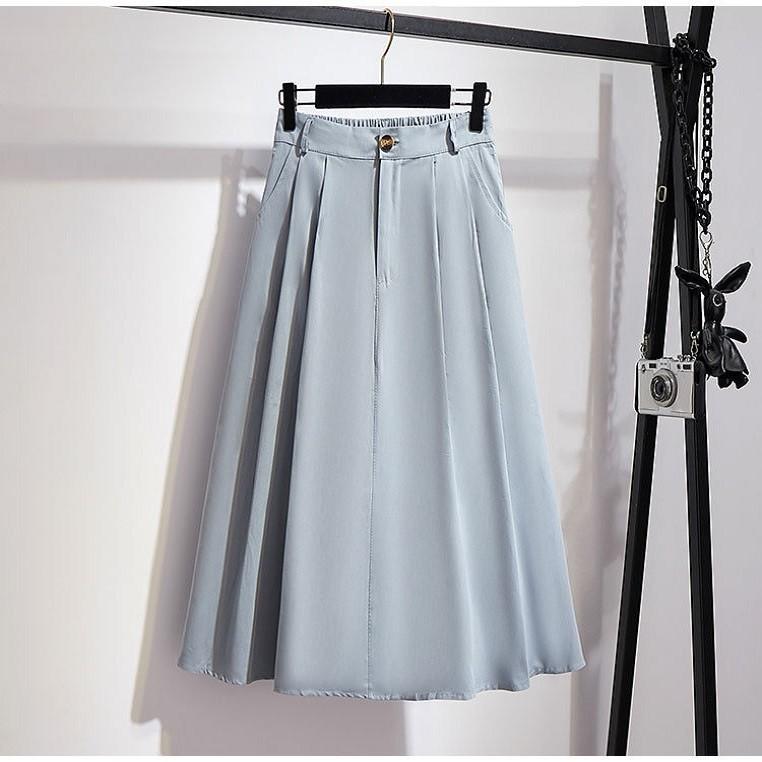 Danmo Falda de algodón para mujer estilo preppy de verano sólido casual elegante bolsillo elástico cintura alta una línea faldas midi