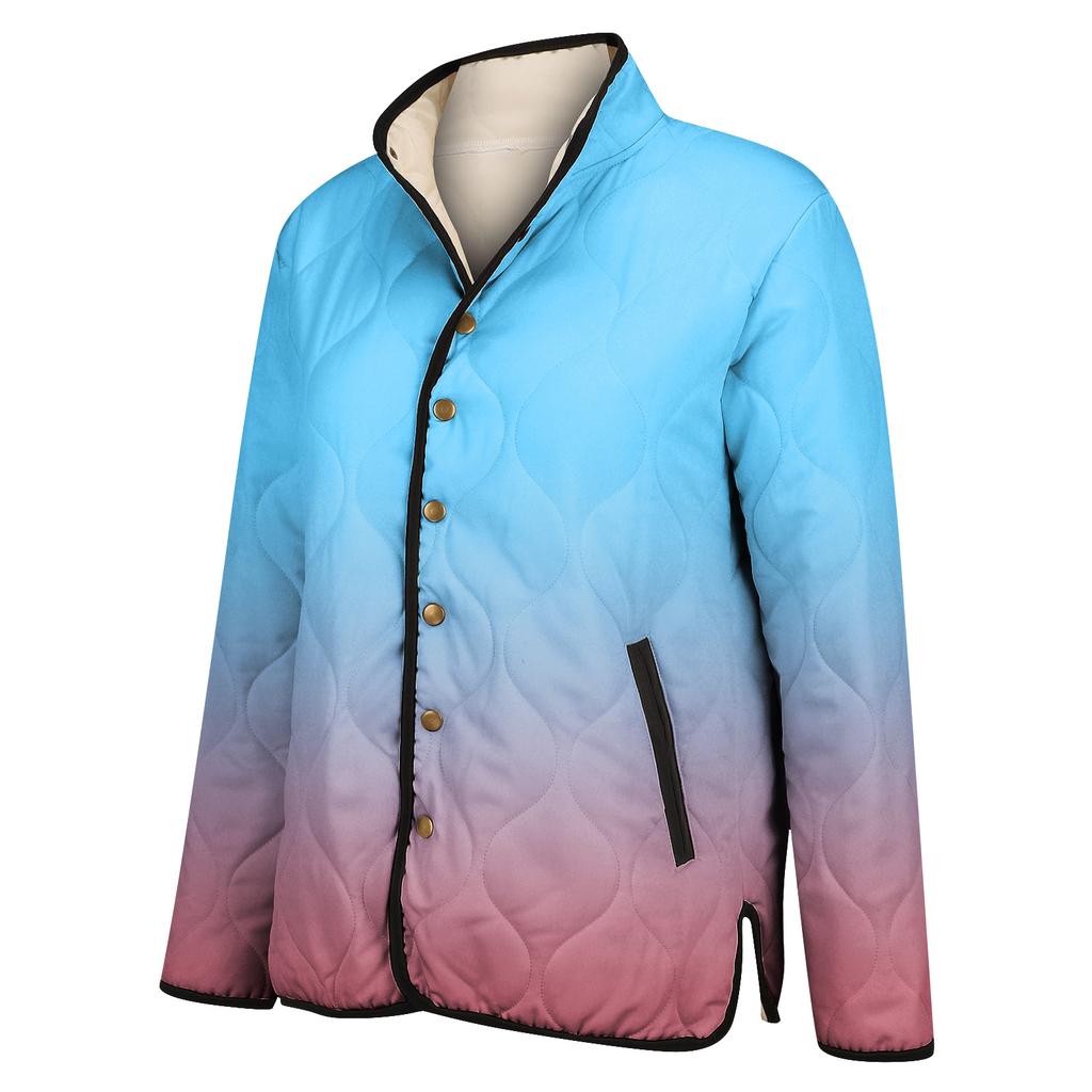Ladies' Gradient Printed Stand Up Collar Pleated Cotton Long Sleeved Buttoned Cotton Jacket