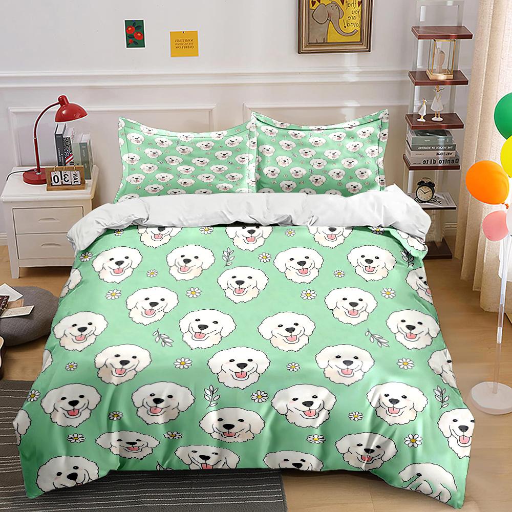 White Dogs and Flower Pattern Duvet Cover Set Digital Print Colorful Polyester Bedding with Zipper Closur for Kids Gifts