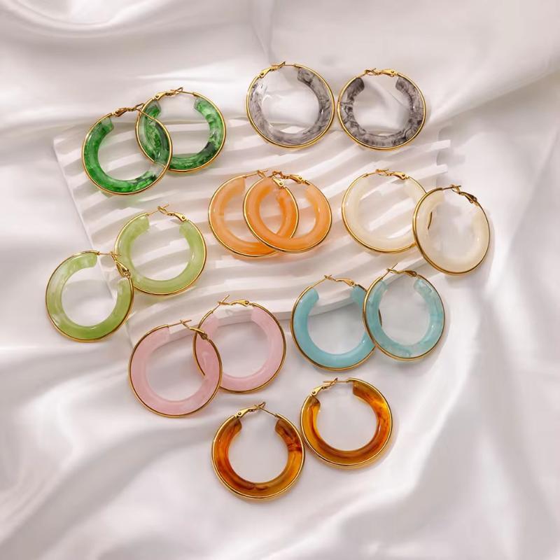 European And American Exaggerated Gradient Color Retro Style Temperament C-Shaped Resin Earrings Stainless Steel Hoop Earrings