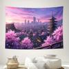Japanese Sakura Cityscape Pagoda Skyline Sunset Wall Tapestry Machine Washable All Season Print Anime Style Oriental Design Home