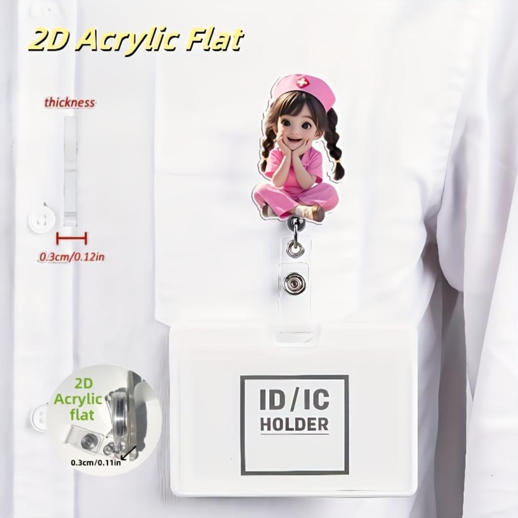 2D Flat Acrylic Pink Nurse Girl Retractable Badge Reel, Medical ID Tag Holder For Medical Students And Professional Nurse Practitioners Workplace