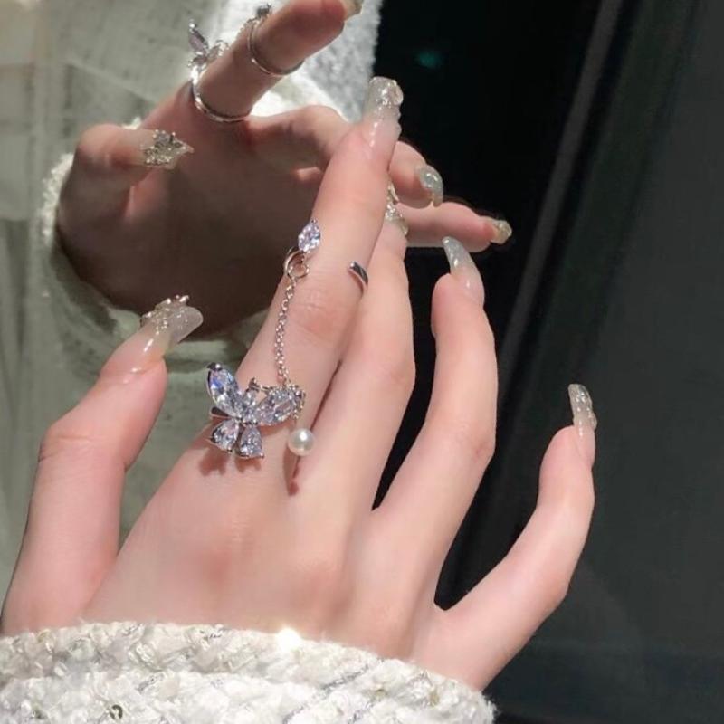 Double Finger Chain Rings For Women Ring Set Tassel Butterfly Zircon Crystal Rings Jewelry Fashion Hip Hop Jewelry