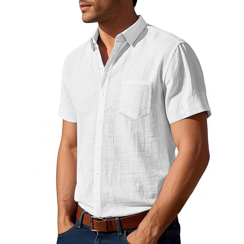 Summer New Style Solid Color Linen Shirt Short-sleeved Men's Lapel Loose Casual Pocket American Shirt