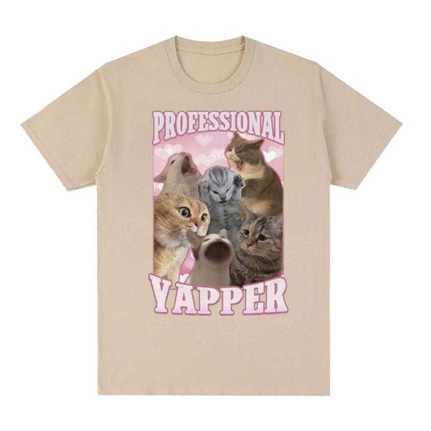 

Винтажная профессиональная футболка с рисунком Yapper Funny Cat Meme, мужская и женская милая одежда с круглым вырезом, футболка большого размера из 100% хлопка