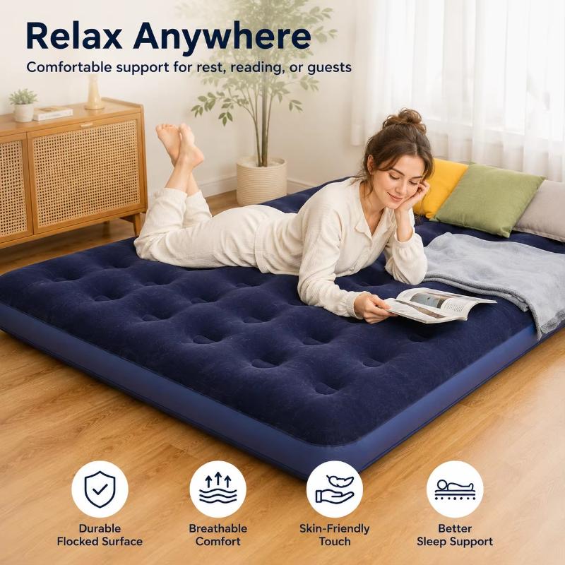 1Pcs Inflatable Air Mattress Air Bed, Quick Inflation Valve, Flocked Surface Thick Durable Portable Travel Camping Guest Bed