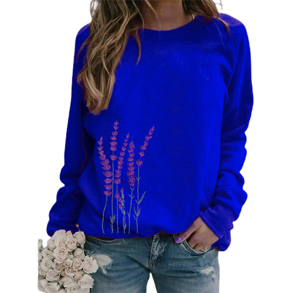 Women Sweatshirt Floral Print O Neck Loose Warm Lady Blouse for Daily Wear