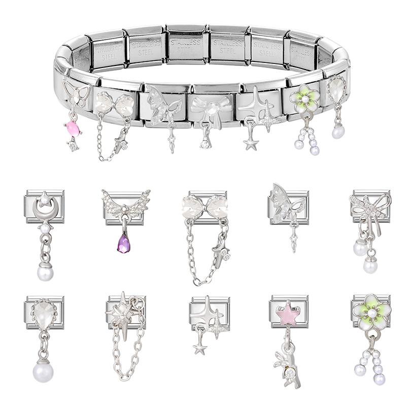 Women Zircon Heart Butterfly Moon Star Bow Pearl Pendant Italian Charm Links Fit 9mm Stainless Steel Bracelet DIY Making Gifts