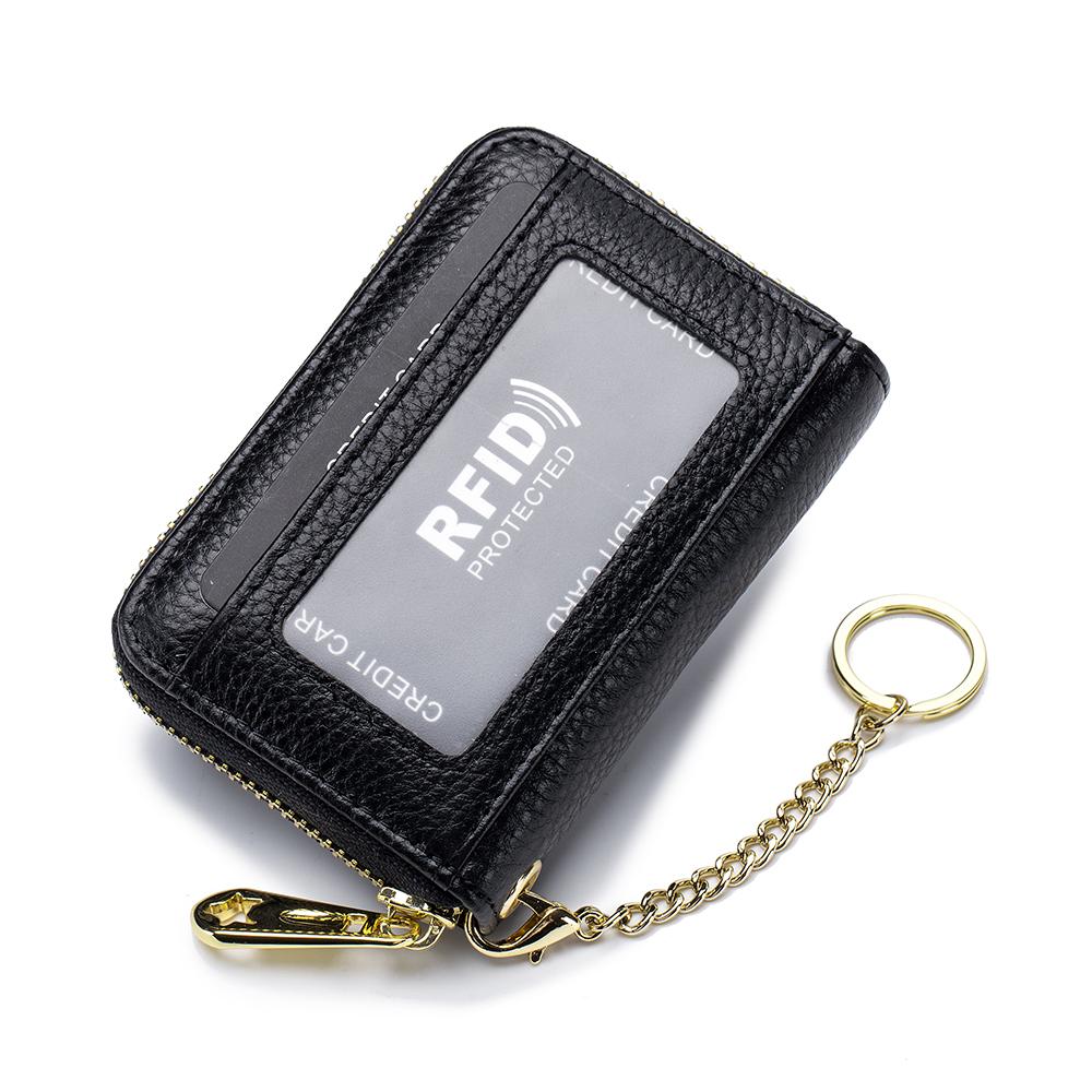 

Genuine Leather Men Women Rfid Credit Card Holder Small Zipper Wallet Solid Coin Purse Key Ring ID Pocard Slot Mini Money Bag