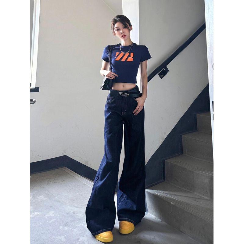

145 Small Retro Dark Blue Denim Female Summer High Waist Loose Drooping Easiest for Match Wide Leg Mop Pants Dark blue pants 156-165 XL