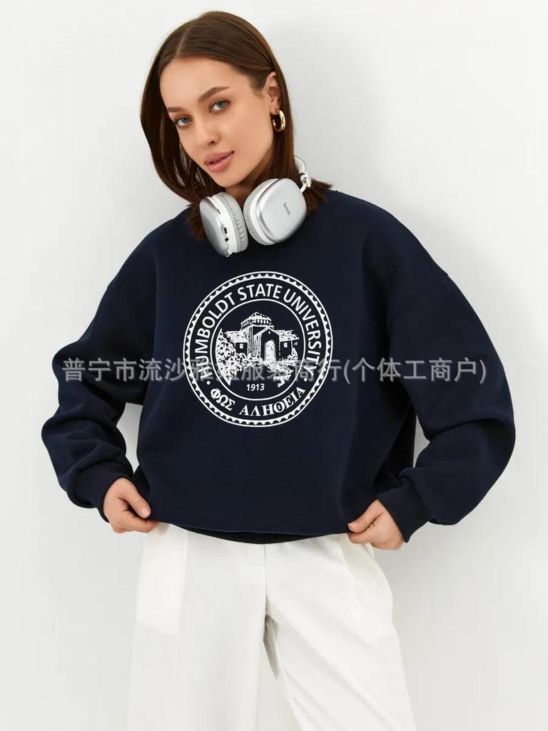 Trendy Lazy Style Letter Print Sweatshirt - 2025 Autumn/Winter Collection, Thick Round Neck for Ultimate Comfort