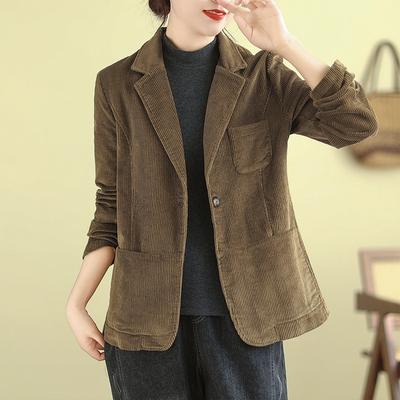 Spring New Fashion Vintage Corduroy Cotton Women's Coat Solid Color Casual All Match Small Suit Vintage Tops