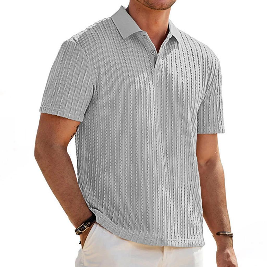 Men's Loose Fit Knitted Jacquard Short Sleeve Polo Shirt Button Front Casual Business Lightweight Summer Top