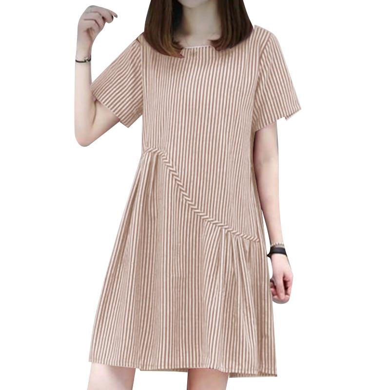 ZANZEA Women Casual Round Neck Short Sleeve Stripe Summer Dress