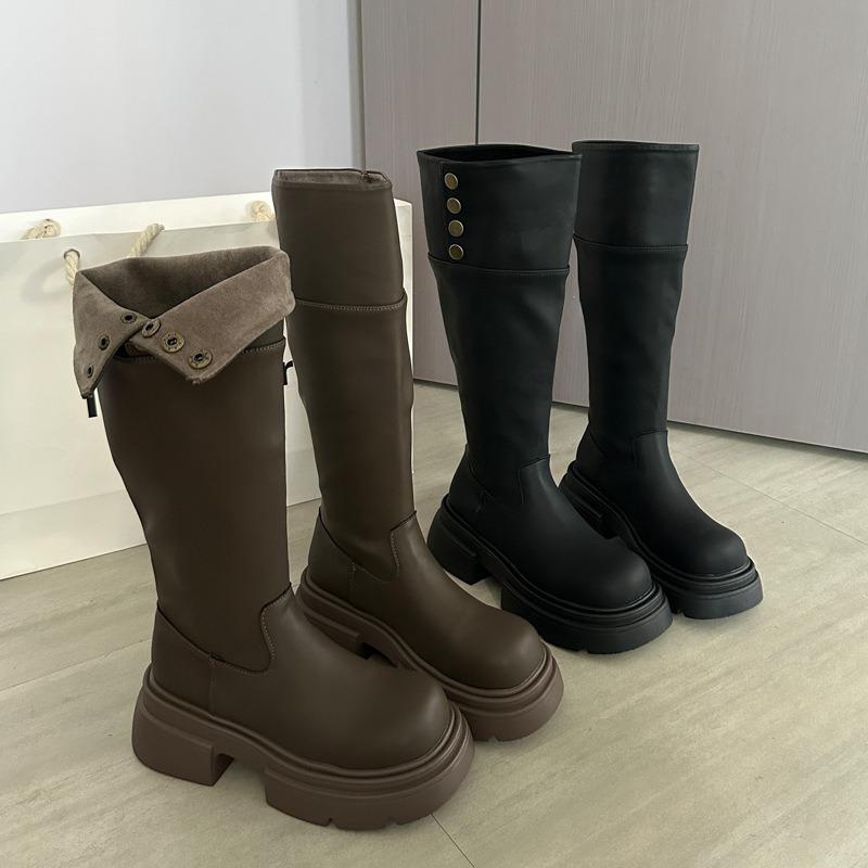 Retro vielseitige Stiefel Damen Herbst und Winter neu schwarz erhöhter dicker Absatz dicke Sohle schlanke Ritterstiefel