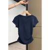 Navy Blue Shoulder Short Sleeved T-shirt for Women's Summer New Design, Pleated Waist Cinched Round Neck Slim Fit and Slimming Short Top