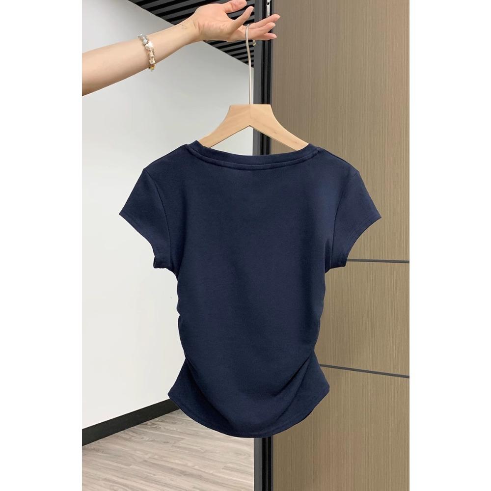 Navy Blue Shoulder Short Sleeved T-shirt for Women's Summer New Design, Pleated Waist Cinched Round Neck Slim Fit and Slimming Short Top