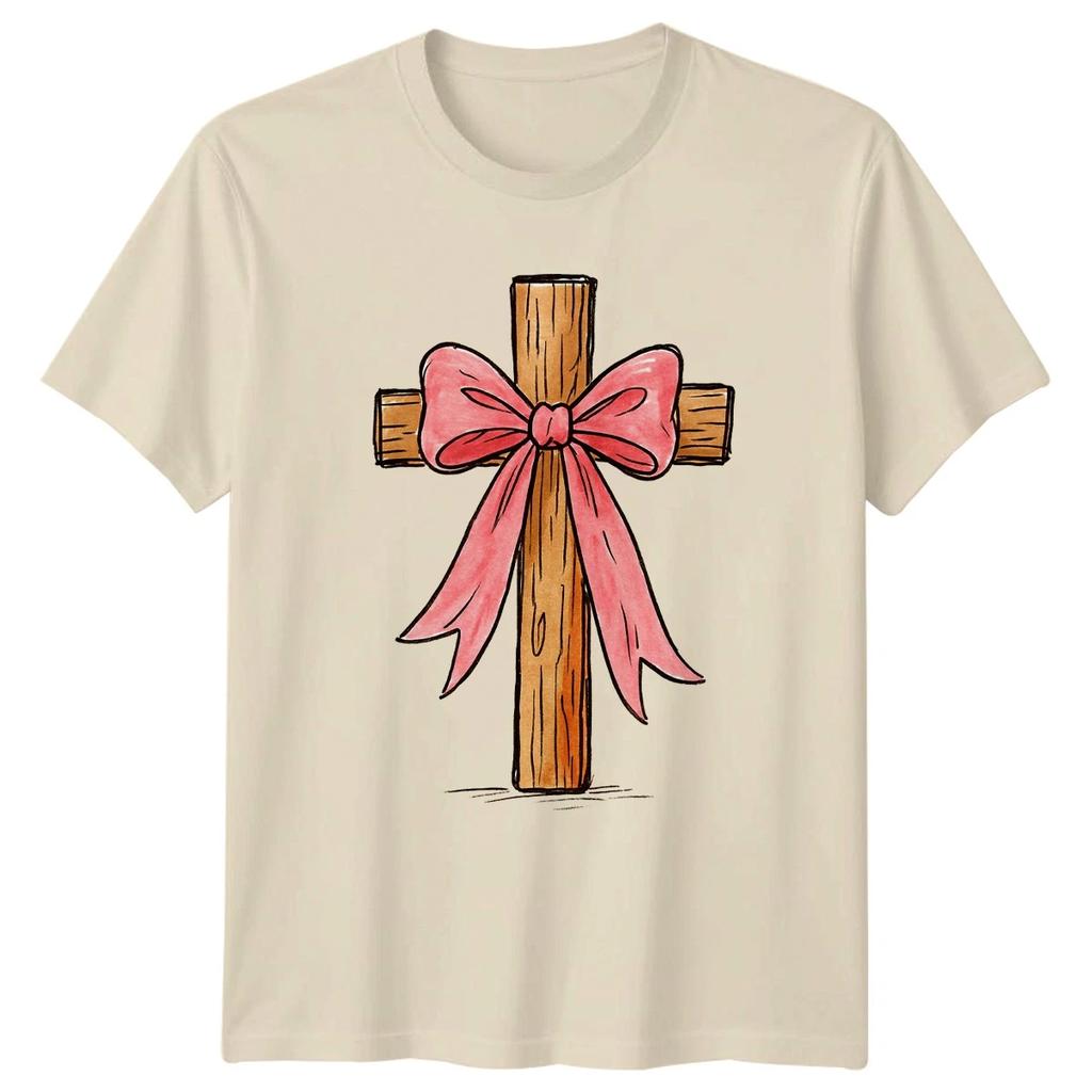 Wooden Cross Pink Bow Christian Religion Mens T-Shirt Womens Graphic Tee