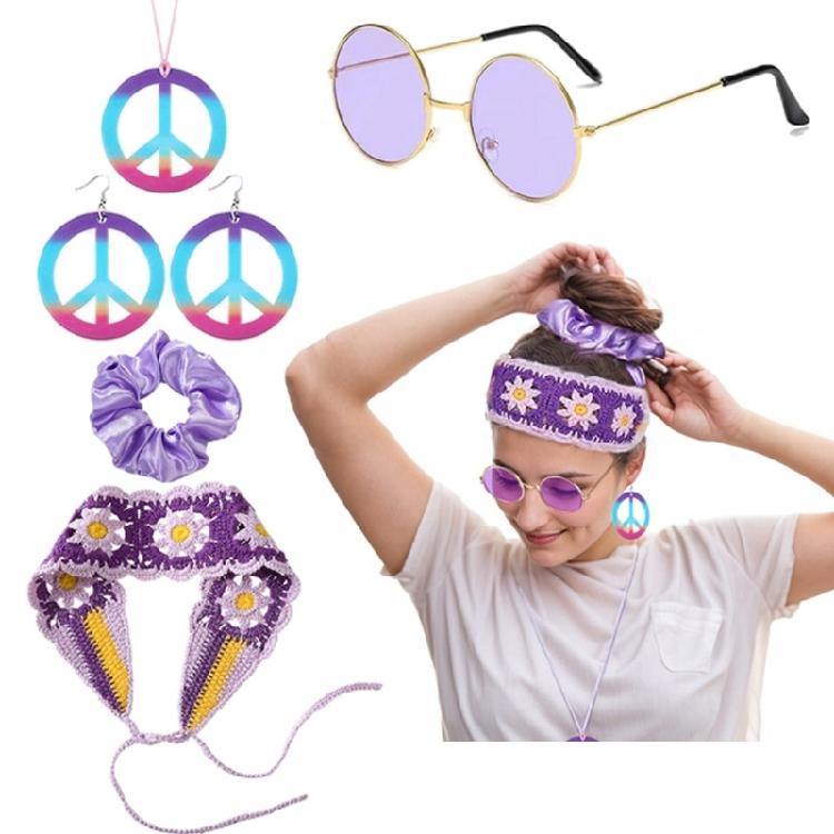 1970s Hippie Costume Jewelry Accessory For 70s 60s Themed Party Hair Band Glasses Knitted Headband Necklace Earrings